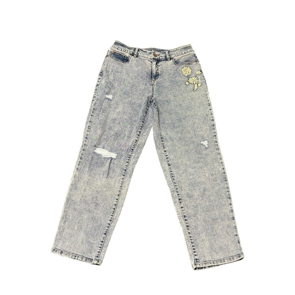 INC Acid Wash Mid Rise Boyfriend  Jeans Floral Embroidered Women's Size 10/30